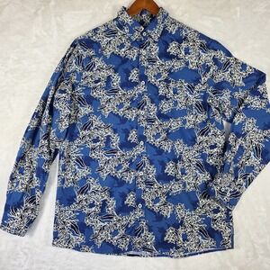ROWN Long Sleeve Blue Floral Print Men's Sportshirt Button Up